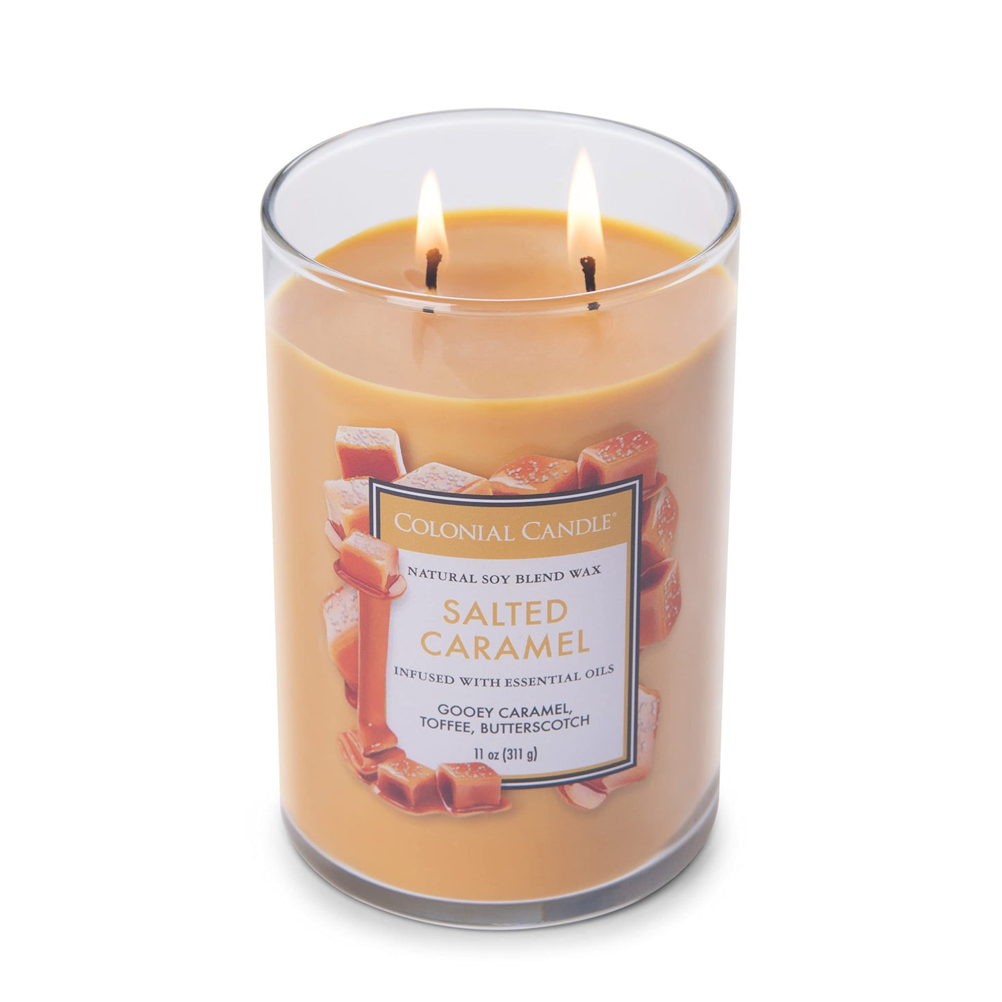 Colonial Candle Salted Caramel Scented Jar Candle, Classic Cylinders Collection, 2 Wick, Yellow, 11 oz - Up to 80 Hours Burn