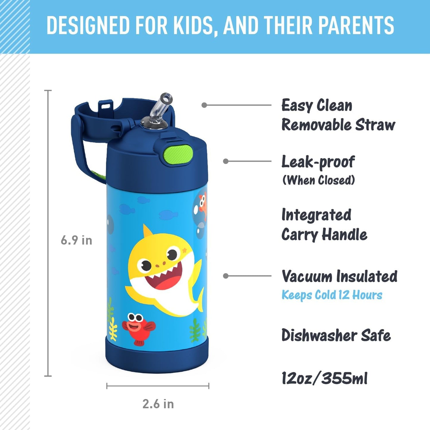 THERMOS FUNTAINER Water Bottle - 12 Ounce Kids Stainless Steel Vacuum Insulated - Baby Shark Design