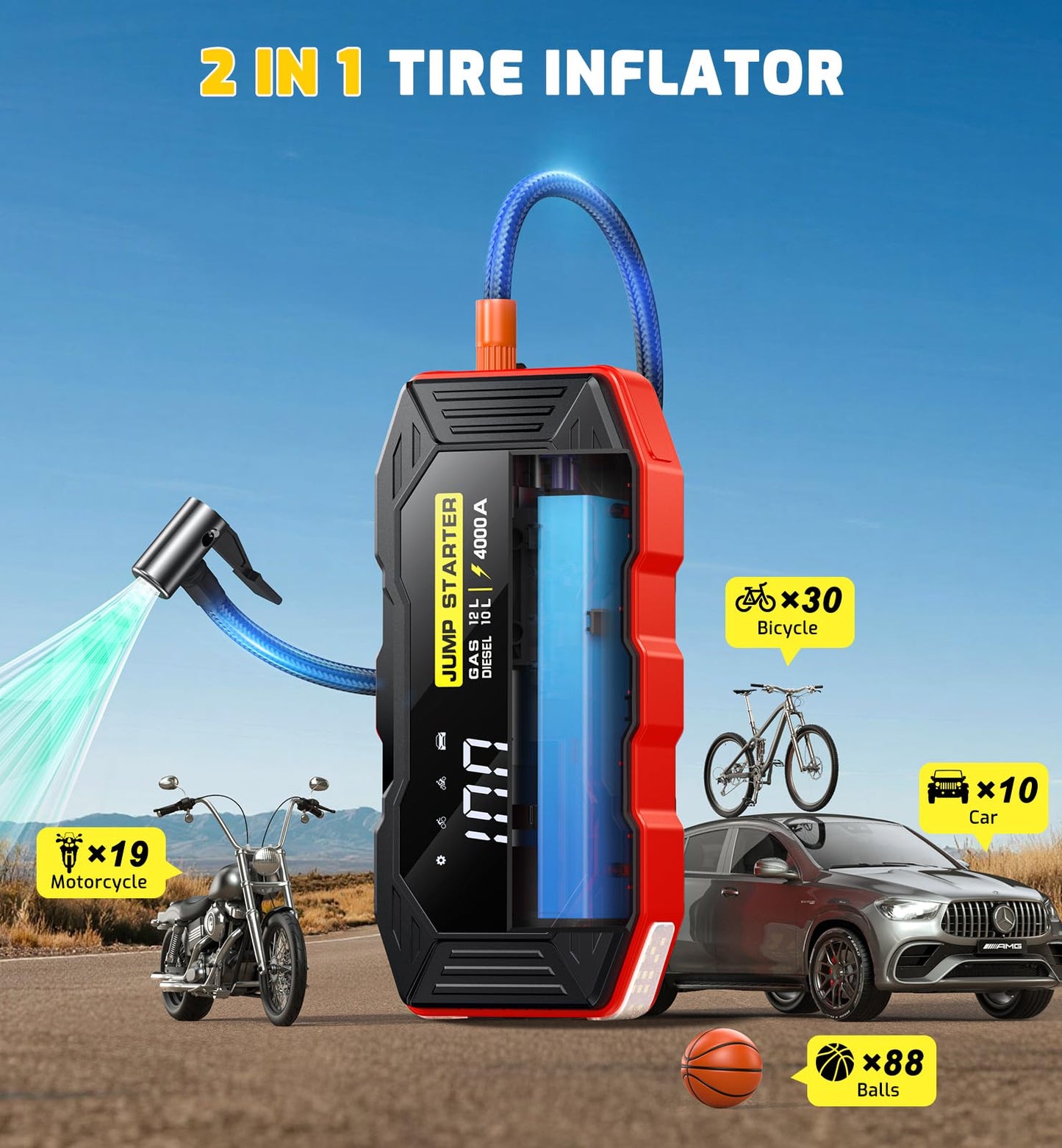 Jump Starter with Air Compressor, Portable Car Battery Jump Starter(12 Gas/10L Diesel), 4000A Peak 160PSI 12V Automobile Jump Box Pack Chargers with Jumper Cables, 4-Mode LED Lights (Black&Red)