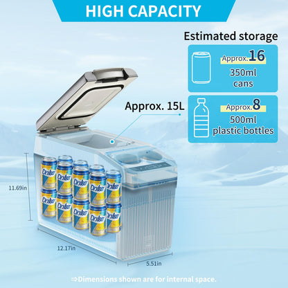 Tecnolove 12 Volt Center Console Fridge,Car Refrigerator 16QT(15L) Cooler (-4℉-50℉),Car Refrigerator RV Fridge,Portable Electric Cooler with 12/24V DC&110V AC, For MPV,RV,Van