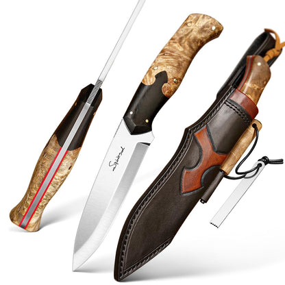 SPIRIT DEED hand forged outdoor camping hunting knife with leather sheath and flint, Sandvik 14C28N steel blade, ergonomic white shadow wood handle