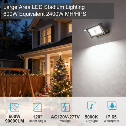 Upgrade 600W LED Stadium Flood Light Outdoor with Brim 90000Lm Led Flood Light with Adjustable Bracket, IP65 AC100-277V Commercial Area Lighting with Plug for Backyard/Basketball Court-2Pack