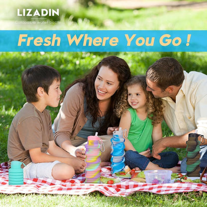 LIZADIN Collapsible water bottles 3 Pack with brush,BPA Free Travel Silicone Water Bottle with Carabiner,Reusable Foldable Portable Lightweight Sports bottles for Gym Camping Hiking (Black+Pink+Blue)