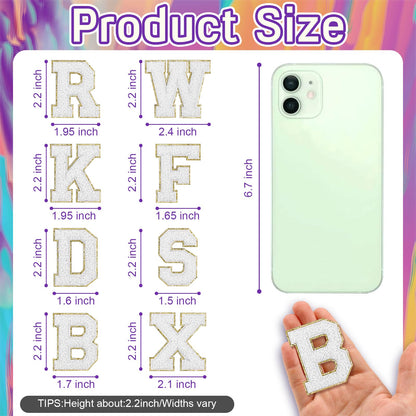 104 Pcs White Chenille Letter Patches & Extra 4 Heart Patches Self Adhesive Stickers Sew On Embroidered Applique Cute Varsity Glitter Stick On Alphabet for Clothing Hats Jeans Fabric