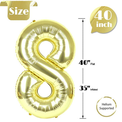 Light Gold Number 8 Balloon 40 Inch, 8th Birthday Party Decorations for Children, Giant 8 Foil Balloon for Party Supplies