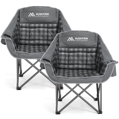 Huskfirm 2 Pack Camping Chairs Oversized Padded Camping Chair Heavy-Duty Foldable Camping Chairs with Cup Holder and Cooler Bag Portable Lawn Chair for Sports Outdoors-Support 450LBS, Grey