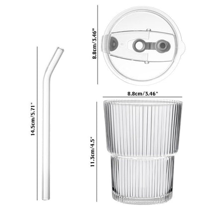 ALYBIT 13oz/400ML Glass Tumbler with Straw and Lid Ribbed Vertical Ice Coffee Cups Sealed Carry on for Coffee Iced Tea, Thick Wall Glassware Tumbler Water Glass (Clear 1pc)