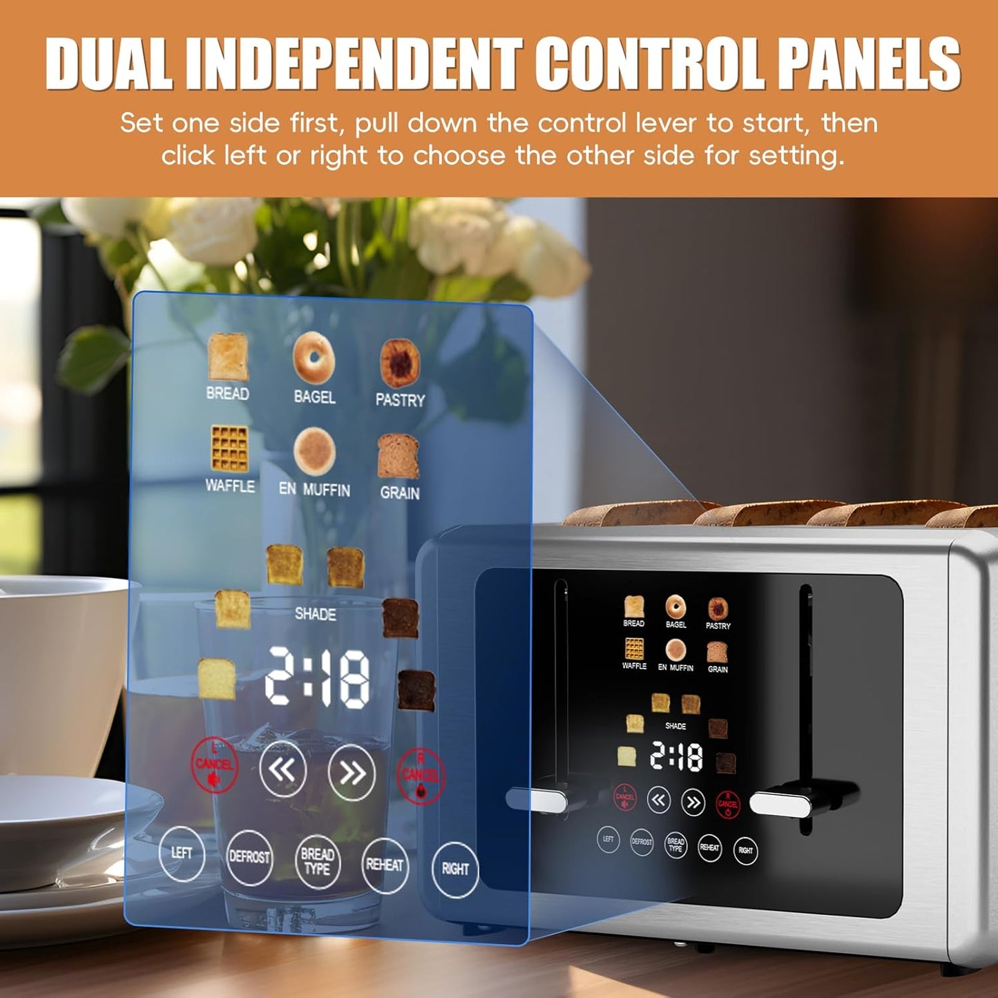 Whall 4-Slice Smart Toaster - Touchscreen Control, Extra-Wide Slots & 6 Browning Levels | Perfect Kitchen Gift