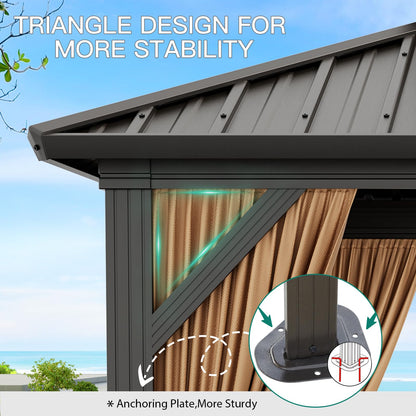 GarveeLife 10x10 ft Double Roof Hardtop Gazebo, Heavy Duty Galvanised Steel Hardtop Pavilion with Nettings and Curtains, Metal Roof Gazebo for Patio, Terrace, Lawn and Deck, Brown