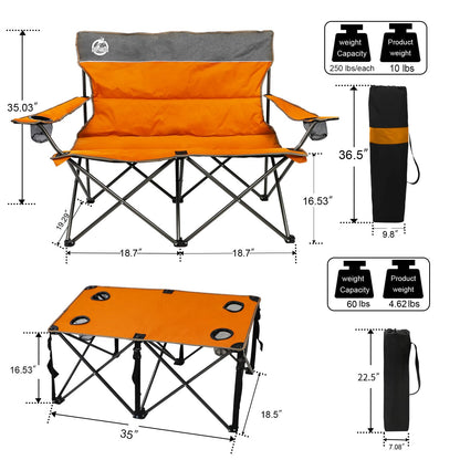 Northroad Folding Camping Chair Set of 4, Portable Collapsible Conversation Set w/1 Sofa, 2 Single Chairs, 1 Table for Family Patio, Outdoor Travel, Beach(Orange)