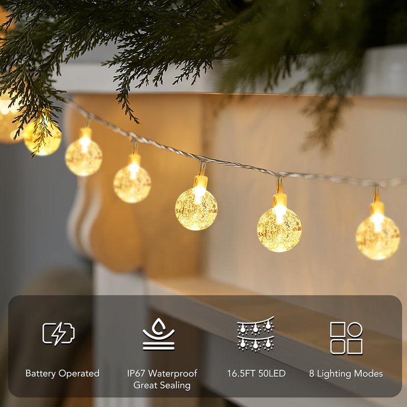 Metaku Globe String Lights Fairy Lights Battery Operated 16.4ft 50LED String Lights with Remote Waterproof Indoor Outdoor Hanging Lights Decorative Christmas Lights for Home Party Patio Garden Wedding
