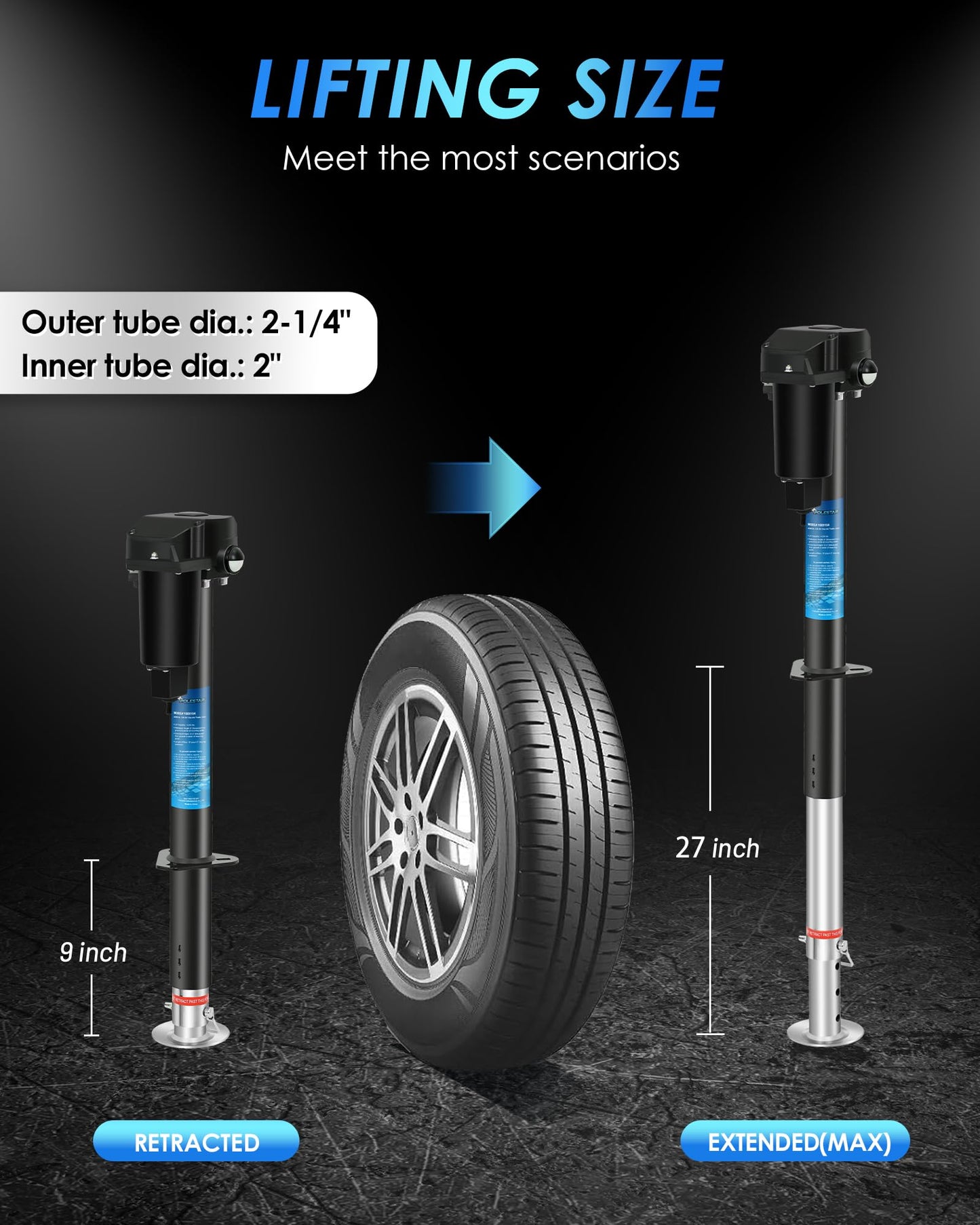 POLESTAR Electric Trailer Jack, Power Tongue Jack 4000 lbs, Electric Tongue Jack for Lifting RV Travel Camper Utility Yacht Trailer, 12V DC, 9"-27" Lift