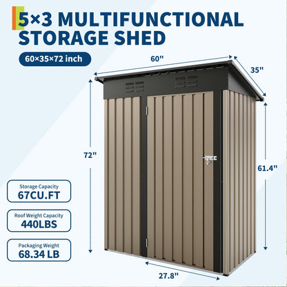 5x3Ft Outdoor Storage Shed, Metal Tool Shed with Lockable Door & Sloped Roof, Weatherproof, Compact Garden Storage Shed for Backyard, Patio, Lawn, or Tools & Equipment, Brown