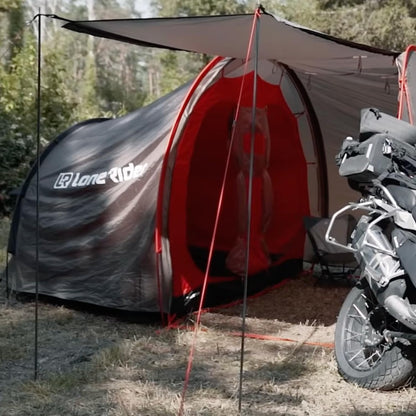 Lone Rider Motorcycle Tent with Bike Compartment - Fully Waterproof 2 Person Camping MotoTent Shelter with Moto Gear Equipment Storage Area - Includes Carry Bag, Groundsheet and Pegs