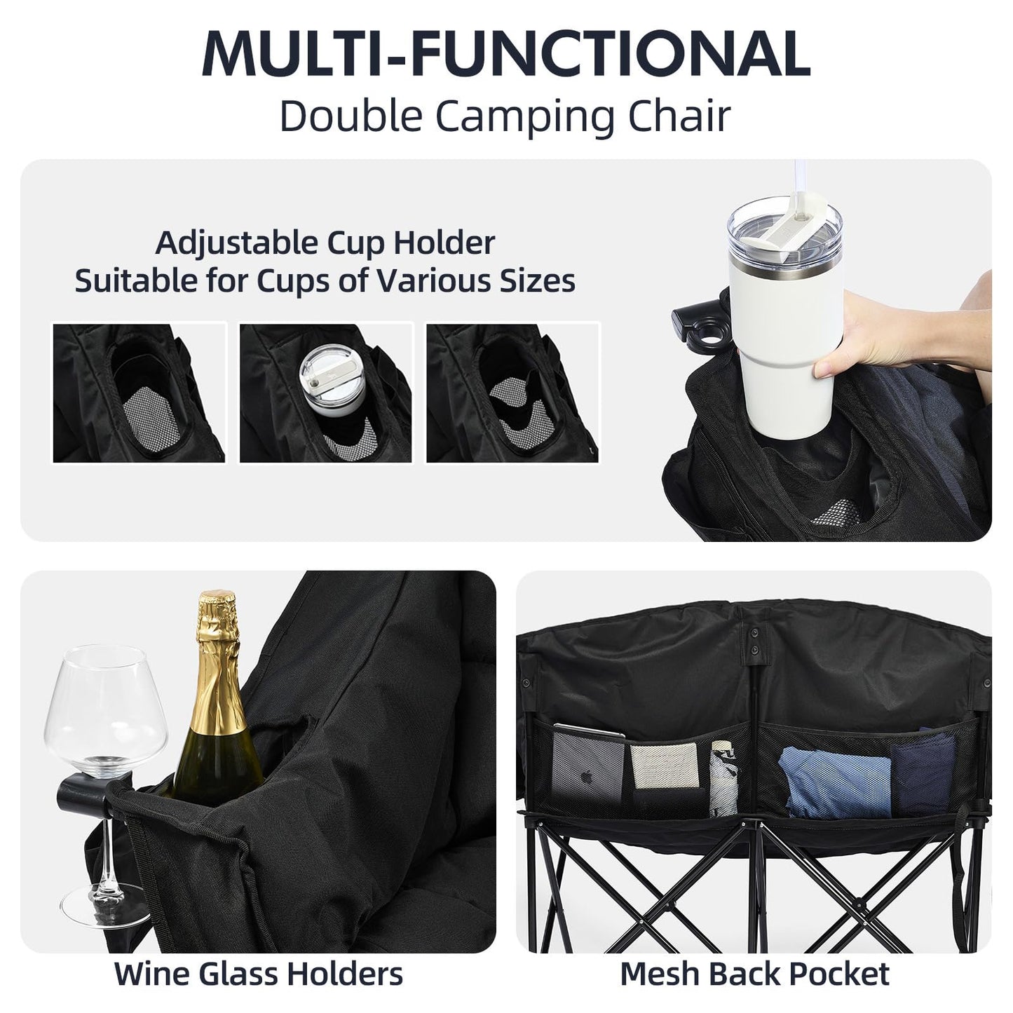 Double Camping Chair Padded Loveseat Chair for 2 Person - Heavy Duty Oversized Camping Couch for Adults Outdoor Sports Lawn Beach Portable Folding XL Chairs with Cup Holders and Carry Bag, All Black