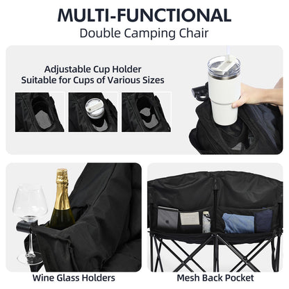 Double Camping Chair Padded Loveseat Chair for 2 Person - Heavy Duty Oversized Camping Couch for Adults Outdoor Sports Lawn Beach Portable Folding XL Chairs with Cup Holders and Carry Bag, All Black