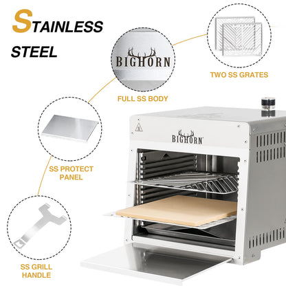 BIG HORN OUTDOORS 1500°F Small Infrared Propane Gas Grill – Portable Steak Broiler & Sear Station, Outdoor Salamander BBQ with Pizza Stone, Stainless Steel, 16 inch