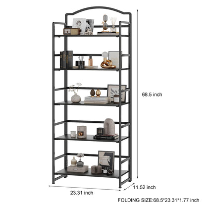JSB 5 Tier No Assembly Folding Bookshelf, Arched Bookshelf, Foldable Bookcase for Living Room, Bedroom, Office,Skinny Bookshelf (Black)