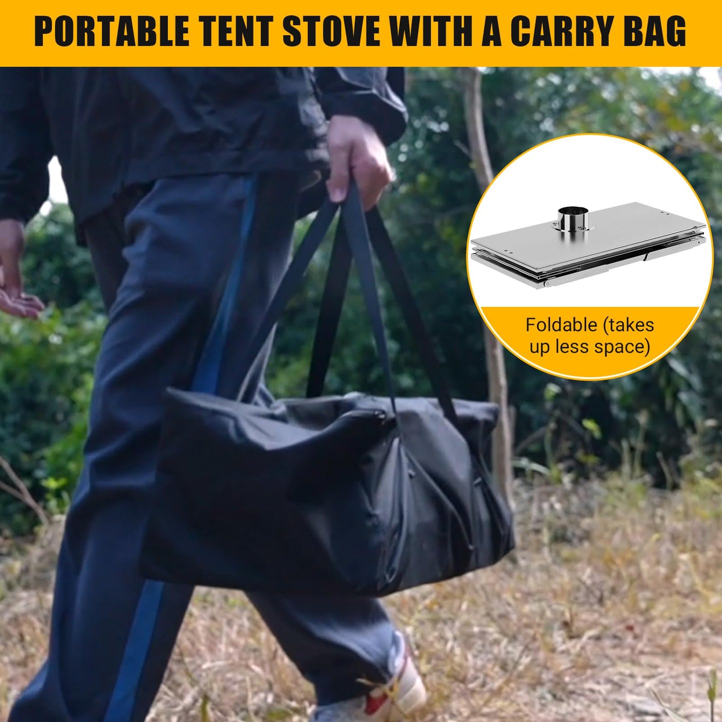 Large Portable Wood Burning Tent Stove, Foldable Stainless Steel Camping Stove with Viewing Glass & 5 Chimney Pipes & 3 Grills for Outdoor Heating, Cooking, Shelter, and Wilderness Survival