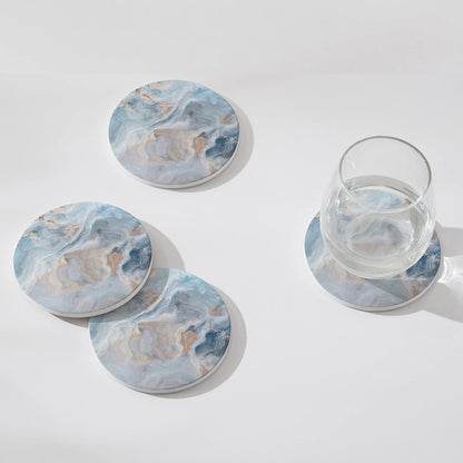 Hoomey Set of 6 Abstract Blue Marble Coasters with Holder, Absorbent Ceramic Coasters for Drinks, Coasters with Cork Backing for Table Protection, Housewarming Gifts for New Home