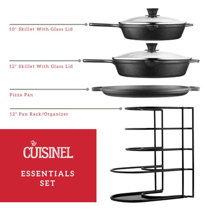 Cuisinel Cast Iron Cookware Set + Accessories - Skillets with Glass Lids + Pizza Pan + Pan Organizer Rack + Cleaning Scrub Brush