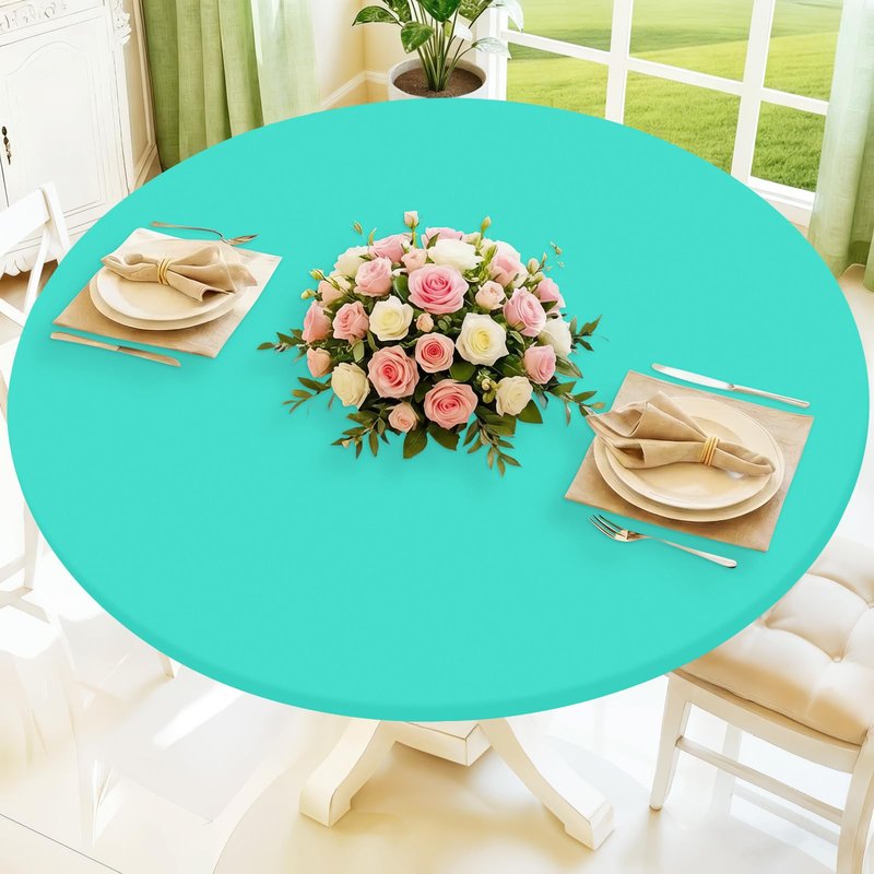 Moosfor Round Spandex Tablecloth, Elastic Fitted Waterproof Tablecloths for 45"-56" Tables, Stretch Washable Picnic Table Cover for Camping, Dining, Indoor and Outdoor,Aqua Blue