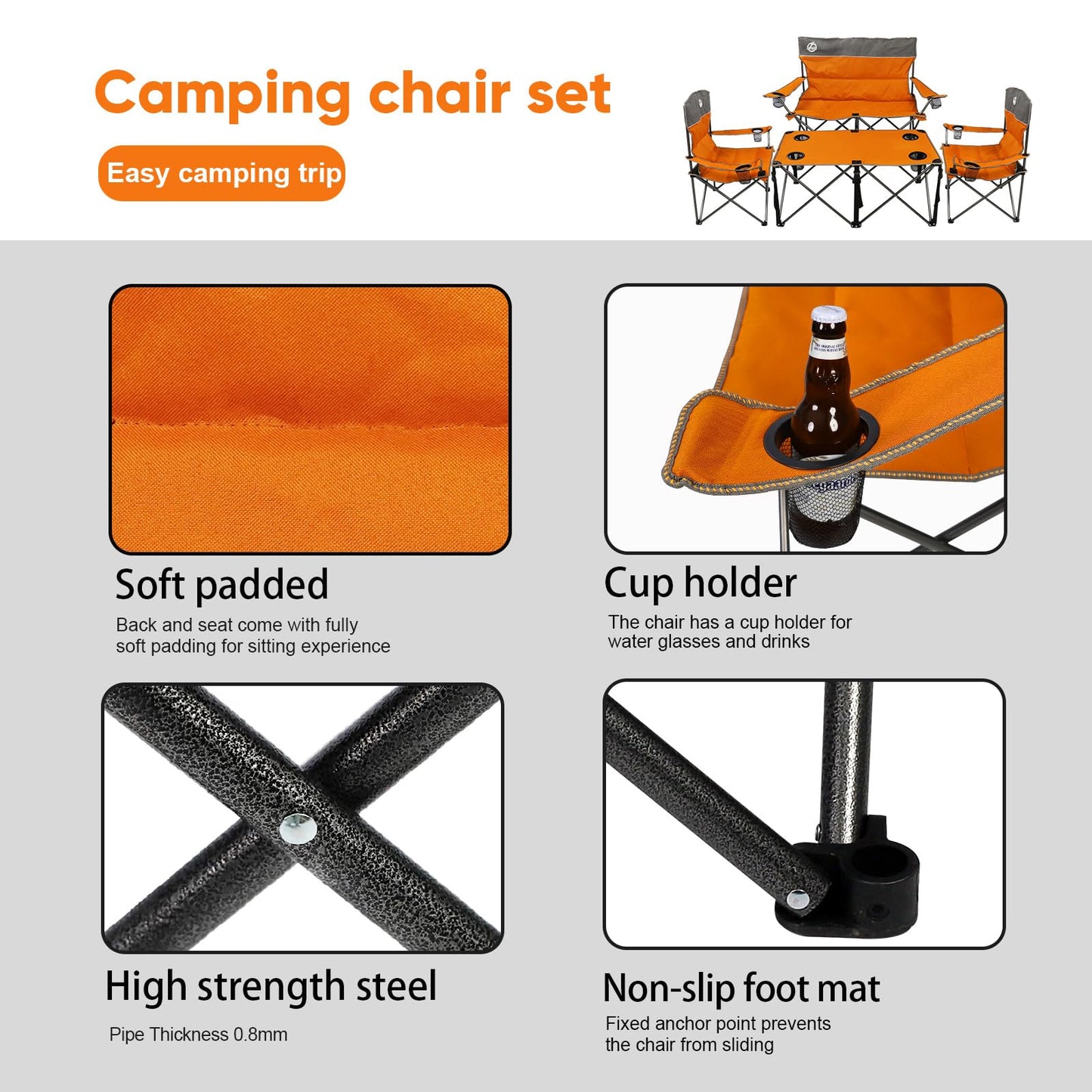 Northroad Folding Camping Chair Set of 4, Portable Collapsible Conversation Set w/1 Sofa, 2 Single Chairs, 1 Table for Family Patio, Outdoor Travel, Beach(Orange)