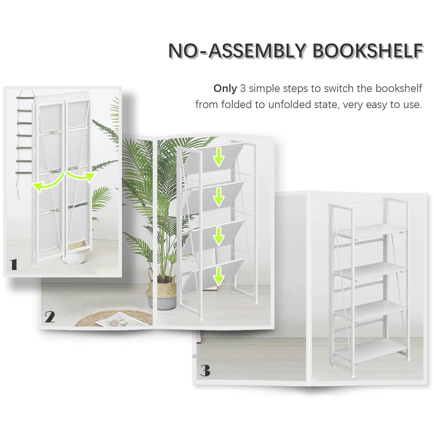 4NM No Assembly Folding Bookshelf Storage Shelves 4 Tiers Vintage Bookcase Standing Racks Study Organizer Home Office (All White)