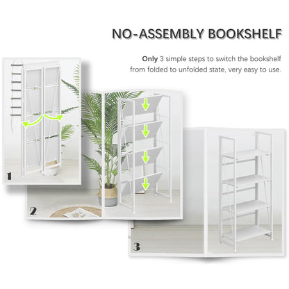 4NM No Assembly Folding Bookshelf Storage Shelves 4 Tiers Vintage Bookcase Standing Racks Study Organizer Home Office (All White)