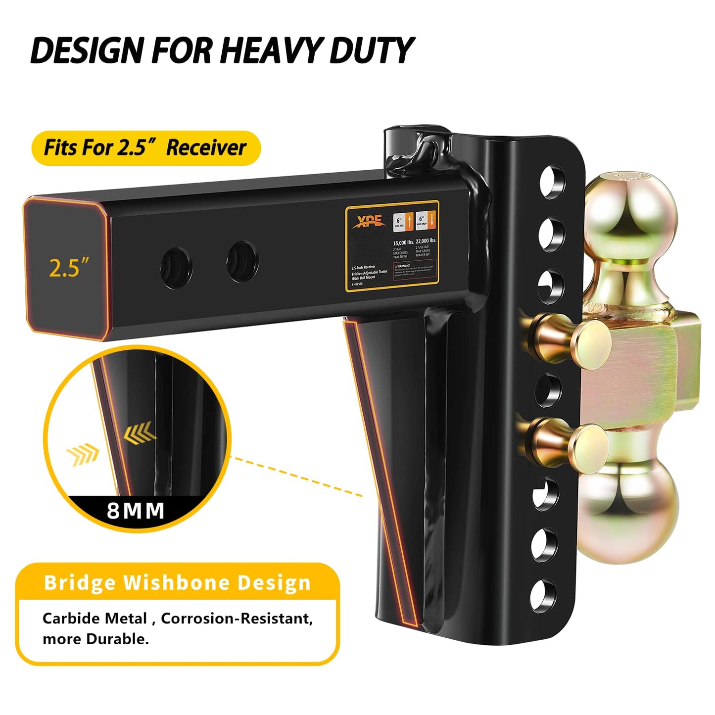 Adjustable Trailer Hitch, Fits 2.5-Inch Receiver, 6-Inch Drop/Rise,2" & 2-5/16" Ball Hitches for Trucks, 22,000 LBS GTW - Receiver Hitch with Anti-Theft Pin, Solid Ball Mount, BLK,X-452506