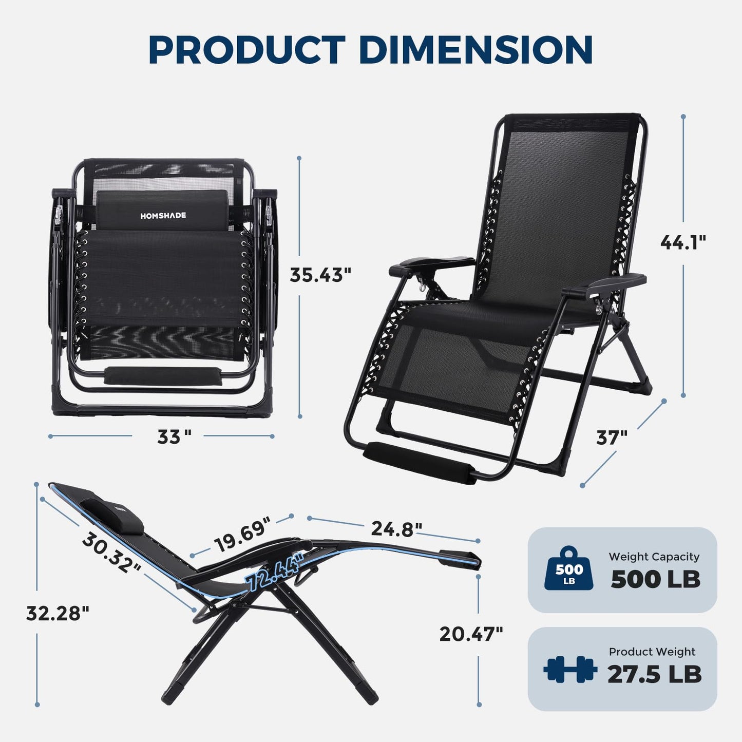 HOMSHADE Oversized Zero Gravity Chair, 33In XXL Outdoor Recliner Chair w/Removable Cushion&Headrest, Reclining Patio Chairs for Indoor, Camping Lounge Chair with Footrest, Support 500LBS, Black