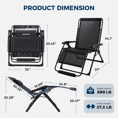 HOMSHADE Oversized Zero Gravity Chair, 33In XXL Outdoor Recliner Chair w/Removable Cushion&Headrest, Reclining Patio Chairs for Indoor, Camping Lounge Chair with Footrest, Support 500LBS, Black