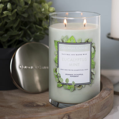 Colonial Candle Eucalyptus Mint Scented Jar Candle, Classic Cylinders Collection, 2 Wick, Green, 19 oz - Up to 120 Hours Burn