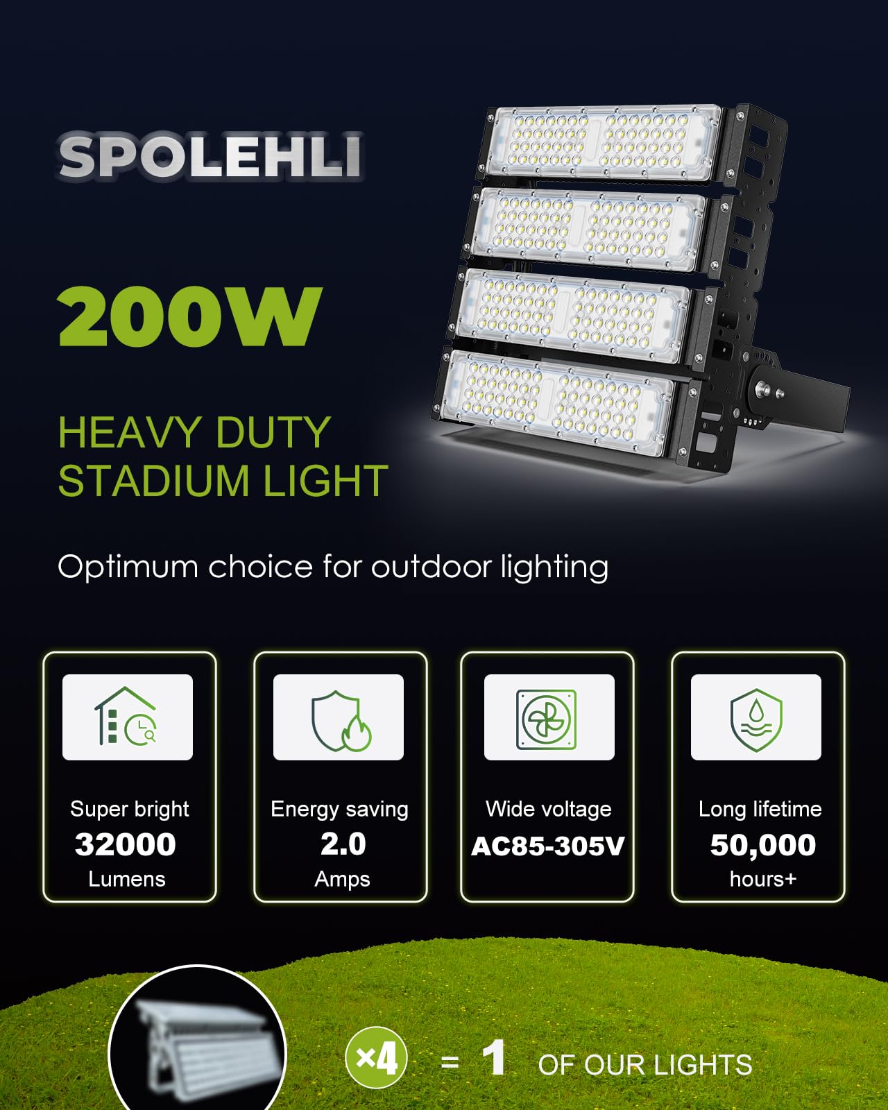 LED Stadium Light – 1200W Equivalent High Mast Flood Light 32,000LM, IP66 Waterproof, 50,000Hrs Lifespan, 120° Wide Beam for Tunnels/Parking Lots/Fields – Super Bright & Energy-Saving (200W, 85V-305V)