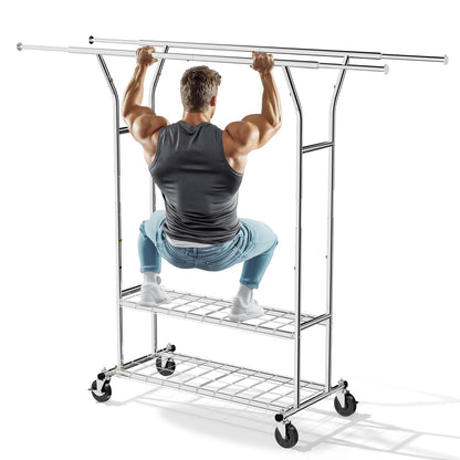 FAHKNS Clothes Rack, 74.5'' W Clothing Rack, Rolling Heavy Duty Clothes Rack, Load 600 Lbs with Wheels, Double Rod Clothing Racks for Hanging Clothes, Adjustable Garment Rack Commercial Portable
