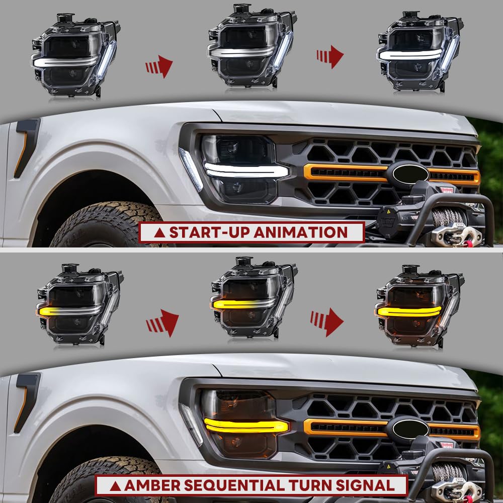 COOLCMP Projector Headlights for F150 2024-2026 14th Gen F-150 Frontlights Head Lamp with Start-Up Animation Switchable White/Amber DRL Sequential Turn Signal, Only Fit Base Models[XL STX XLT Tremor]