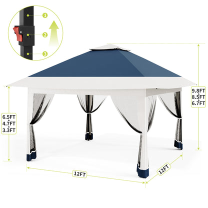 12x12ft Patio Gazebo, Outdoor Canopy with Mesh Walls, Pop Up Gazebo Tent with 4 Ropes 8 Stakes & Portable Carrying Bag, Double Roof, Easy Up Pavilion for Outside Garden, Backyard, Lawn