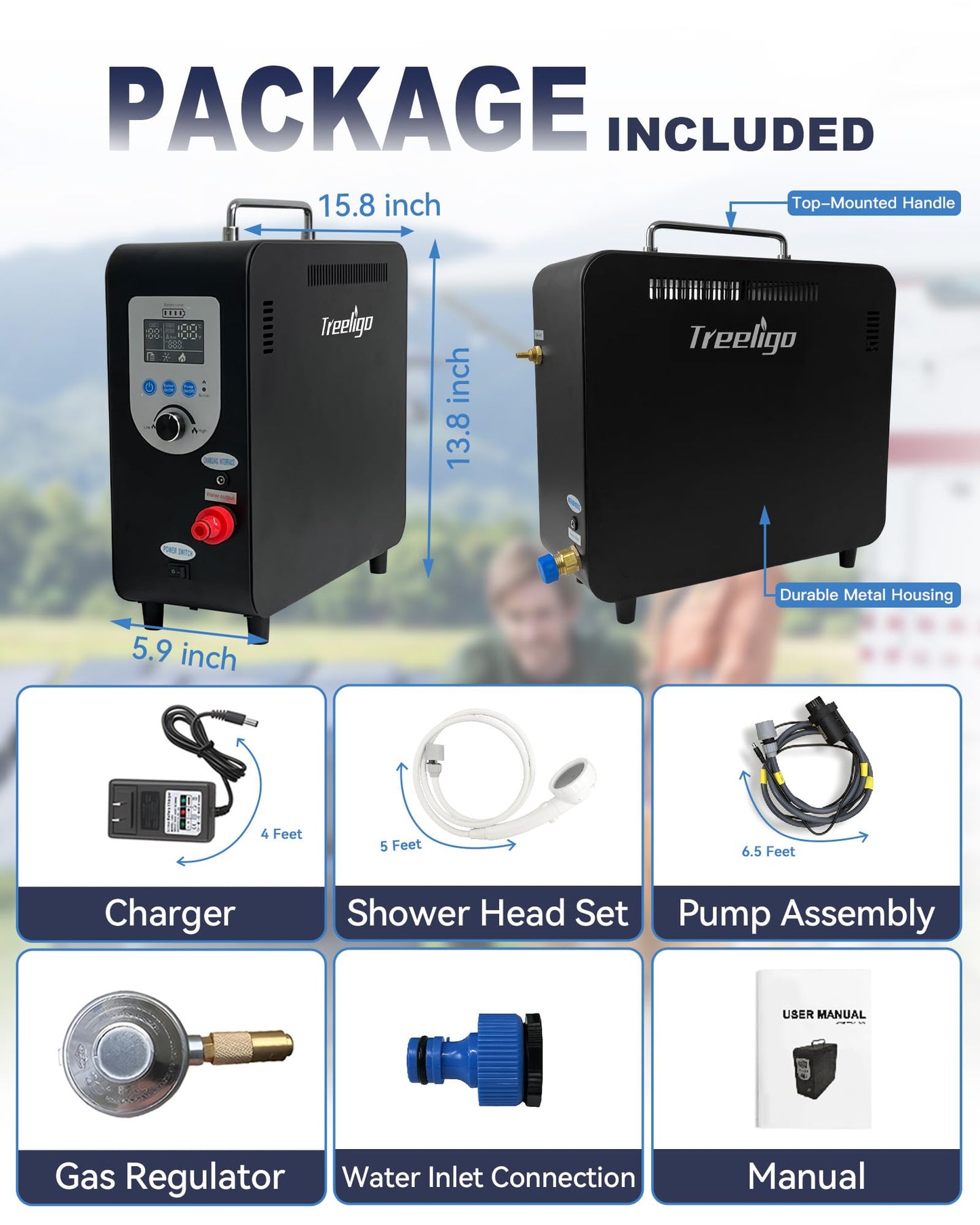Treeligo Portable Water Heater, Propane Water Heater with Shower Pump, Max 100 Mins 3s Instant Hot 40,900 BTU, 4500mAh Rechargeable Built-in Battery for Outdoor Cleaning, Camping, Hunting, Hiking