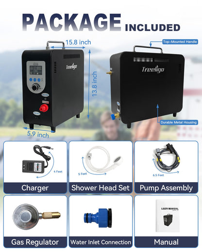 Treeligo Portable Water Heater, Propane Water Heater with Shower Pump, Max 100 Mins 3s Instant Hot 40,900 BTU, 4500mAh Rechargeable Built-in Battery for Outdoor Cleaning, Camping, Hunting, Hiking