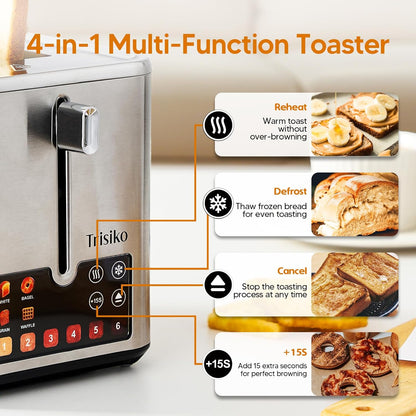 Trisiko® Touch Screen Toaster - 2 Slice Stainless Steel Smart Toaster with Digital Timer & Extra-Wide Slots