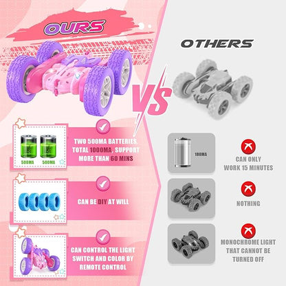 Remote Control Cars for Girls 2.4GHz RC Stunt Car with 360° Flips &amp Double Sided Driving Changeable Wheels LED Headlights Birthday Gift for 5-12 Year Old Girls (Pink)