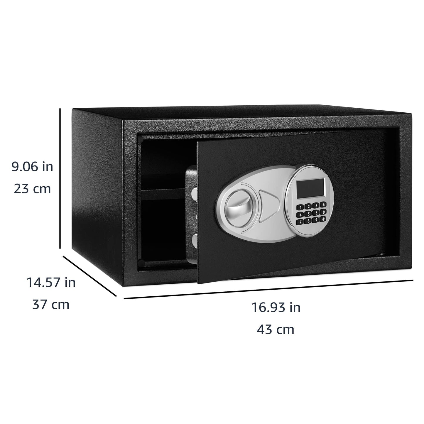 Amazon Basics Steel Security Safe Box with Digital Keypad, for Valuables, Cash, Jewelry, Documents, Removable Shelf, Black, 1 Cubic Foot, 16.9"x14.6"x9.1" (WxDxH)