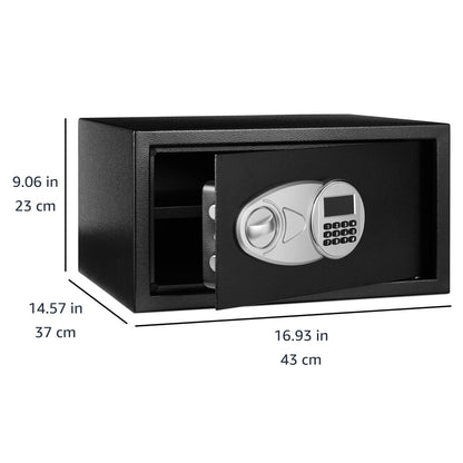 Amazon Basics Steel Security Safe Box with Digital Keypad, for Valuables, Cash, Jewelry, Documents, Removable Shelf, Black, 1 Cubic Foot, 16.9"x14.6"x9.1" (WxDxH)