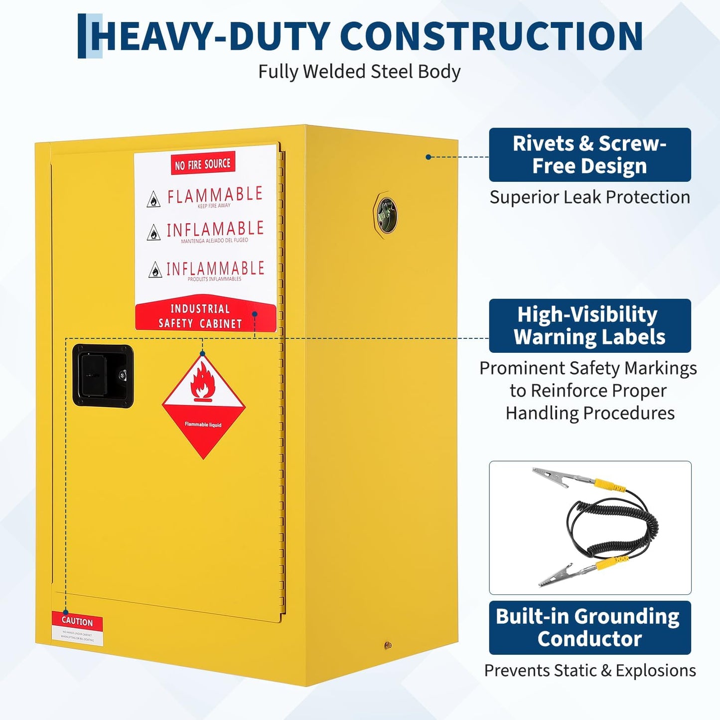 Fire Resistant Flammable Storage Cabinet,Heavy Duty Hazardous Liquid Safety Cabinet with Adjustable Shelf, Cold-Rolled Steel Construction, Spill Containment Tray, Ventilation Holes & Grounding