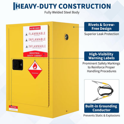 Fire Resistant Flammable Storage Cabinet,Heavy Duty Hazardous Liquid Safety Cabinet with Adjustable Shelf, Cold-Rolled Steel Construction, Spill Containment Tray, Ventilation Holes & Grounding