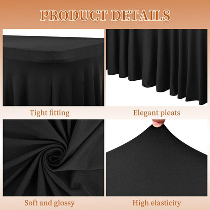 Pesonlook 6 Pack Spandex Table Skirt for 8 Ft Rectangle Tables, Black Fitted Stretch Tablecloth 30 x 96 Inch, Wrinkle Resistant Ruffle Design for Wedding Banquets, Birthday Party, Parties