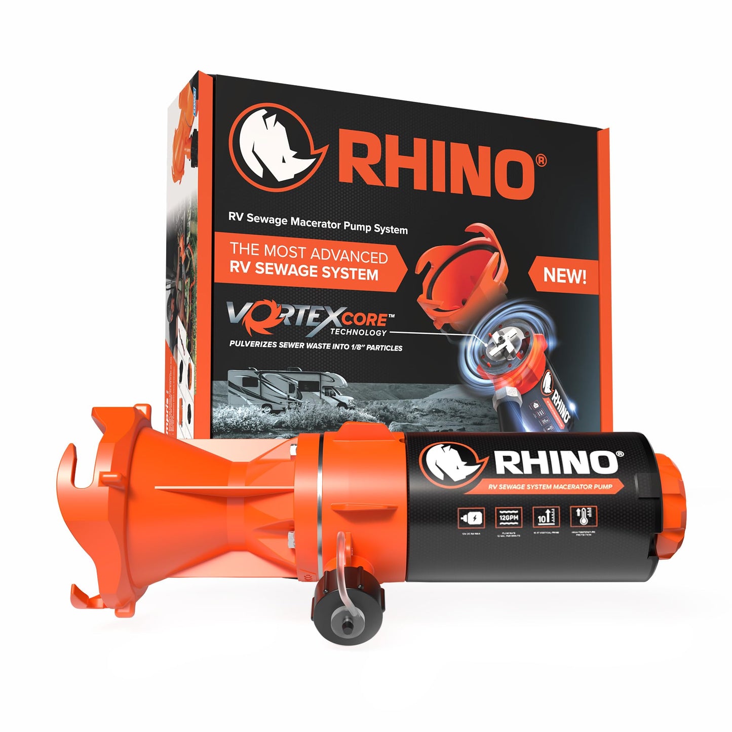 Camco Rhino Camper/RV Sewage Macerator Pump Kit - Features Run Dry Protection and High Temp Protection - Compatible w/4”, 3.5” & 3” Sewer Outlets - Designed w/Self-Priming 12 Volt DC Motor (39040)