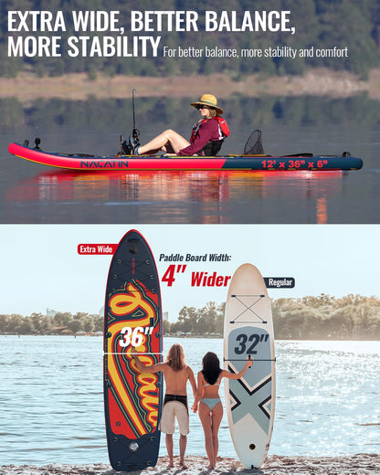 NACATIN 12' Extra Large Inflatable Stand Up Paddle Board with Seat, Wide 36" SUP Board for Adults & Family, with Single/Double Paddle, Kayak Seat, Pump, Stable Wide Deck for Beginners, Lake and River