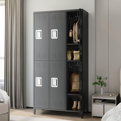 72" Industrial-Grade 9-Door Steel Storage System - 9 Shelves + 29 Multi-Purpose Hooks, Modular Locker Cabinet for Warehouse/School/Home Gym (Reinforced Steel Frame + Anti-Slip Base Plates) - Black