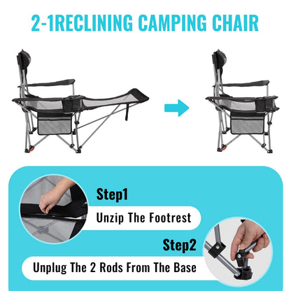 #WEJOY 2-in-1 Reclining Camping Chair with Footrest for Adults Folding Lounge Chair with Adjustable Backrest Lightweight Camping Chairs Heavy Duty Camp Chairs for Outdoor (2 Pack Black Grey)